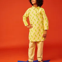 Somersault Boys Conversational Printed Long Sleeve Pure Cotton Kurta With Trousers-19