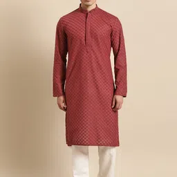 RAJUBHAI HARGOVINDAS Men Maroon & Off White Chikankari Pure Cotton Kurta With Pyjamas-picture-6