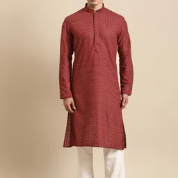 RAJUBHAI HARGOVINDAS Men Maroon Regular Chikankari Pure Cotton Kurta with Pyjamas-picture-18