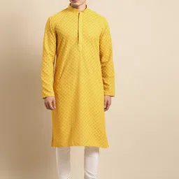 RAJUBHAI HARGOVINDAS Men Yellow & White Embroidered Chikankari Cotton Kurta with Pyjamas-picture-2