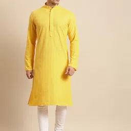 RAJUBHAI HARGOVINDAS Men Yellow Embroidered Regular Chikankari Pure Cotton Kurta with Churidar-13
