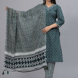 FrionKandy Women Floral Printed Regular Mirror Work Pure Cotton Kurta with Trousers & With Dupatta-image-85