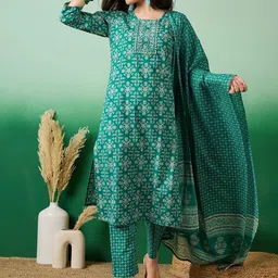 Vastramyaa Floral Printed Mirror Work Pure Cotton Straight Kurta With Trousers & Dupatta-picture-23