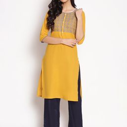AURELIA Women Yellow Geometric Yoke Design Pure Cotton Kurta-picture-5