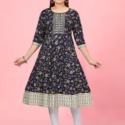 BAESD Girls Floral Printed Thread Work Pure Cotton A-Line Kurta With Leggings-image-52