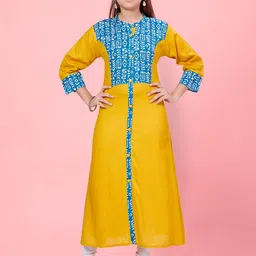 BAESD Girls Yellow Ethnic Motifs Yoke Design Regular Pure Cotton Kurta-image-67