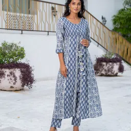 Jaipur Kurti Women Grey & White Ethnic Motifs High Slit Pure Cotton Kurta With Trousers-picture-19