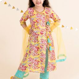 pspeaches Girls Yellow Floral Printed Angrakha Pure Cotton Kurta with Trousers & With Dupatta-image-14