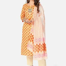 Vbuyz Women Yellow Ethnic Motifs Printed Pure Cotton Kurti with Trousers & With Dupatta-image-49
