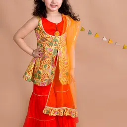 pspeaches Girls Yellow Floral Printed Pure Cotton Kurti with Sharara & With Dupatta-image-41