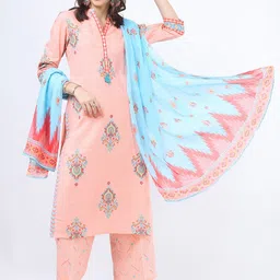 Vishudh Women Peach-Coloured Ethnic Motifs Printed Pure Cotton Kurti with Trousers & With Dupatta-image-61