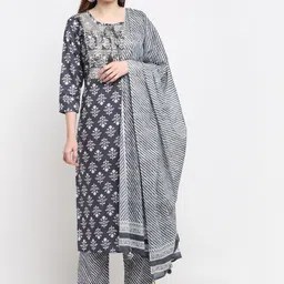 KALINI Women Grey Yoke Design Floral Printed Kurta with Trousers & With Dupatta-picture-13
