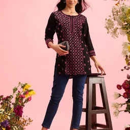 ADA Floral Embroidered Lucknowi Chikankari Pure Cotton Kurti-image-34