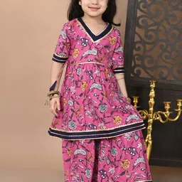 Superminis Girls Floral Printed Regular Gotta Patti Pure Cotton Kurti with Sharara-image-97