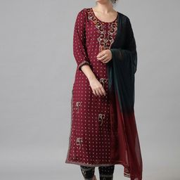 Meeranshi Women Maroon Ethnic Motifs Empire Pure Cotton Kurta with Churidar & Dupatta-32