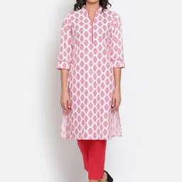 MARC LOUIS Women White & Red Ethnic Motifs Printed Regular Pure Cotton Kurta with Trousers-0