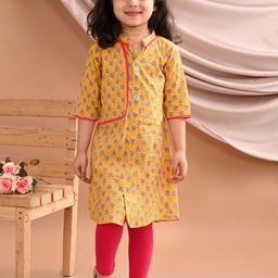 Kinder Kids Girls Ethnic Motifs Mandarin Collar Pure Cotton Straight Kurta & Legging-image-14