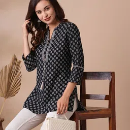 KALINI Ethnic Motifs Printed Mirror Work Mandarin Collar Pure Cotton Kurti-image-62