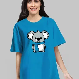 Pootlu Women Turquoise Blue Printed Drop-Shoulder Sleeves Pure Cotton Oversized T-shirt-image-72