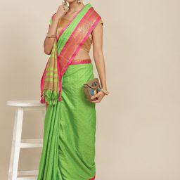 Ishin Green Checked Zari Silk Cotton Saree-image-49