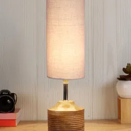 Devansh Grey & Brown Wood Table Lamp With Cotton Shade-11