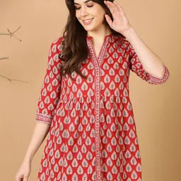 antaran Ethnic Printed Mandarin Collar Pure Cotton A-Line Top-image-100
