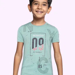 Monte Carlo Boys Sage Green & Black Typography Printed Pure Cotton T-shirt-image-86