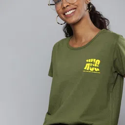 HERENOW Women Olive Green  Yellow Typography Printed Pure Cotton T-shirt-image-0
