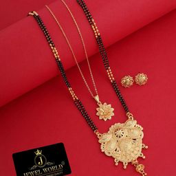 JEWEL WORLD Gold-Plated Stone Studded & Beaded Mangalsutra With Earrings & Chain-image-70
