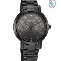 Sonata Women Black Brass Printed Dial & Black Stainless Steel Straps Analogue Watch 8174NM01-50