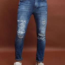 HIGHLANDER Men Blue Skinny Fit Mid-Rise Slash Knee Heavy Fade Printed Stretchable Jeans-image-83