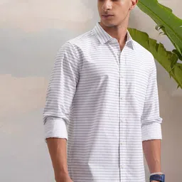 HIGHLANDER White Classic Slim Fit Horizontal Striped Spread Collar Cotton Casual Shirt-image-2