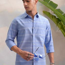 HIGHLANDER Blue Classic Slim Fit Horizontal Striped Spread Collar Cotton Casual Shirt-image-10