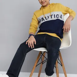 Nautica Boys Mustard Yellow & Navy Blue Pure Cotton Brand Logo Striped Hooded Sweatshirt-image-71