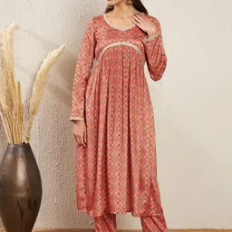 ADORNIA Printed Empire Silk Crepe Kurta & Trousers-image-4