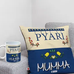 Indigifts Beige & Blue 2 Pcs Quote Printed Cushion And Coffee Mug For Mom Gift Set-image-23