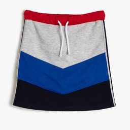 Koton Girls Grey Melange & Blue Colourblocked Straight Skirt-image-1