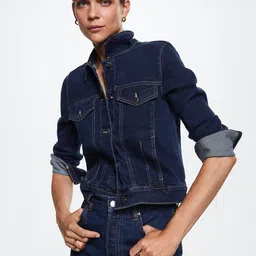 MANGO Women Navy Blue Woven Denim Jacket-image-32