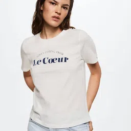 MANGO Women Off White & Navy Blue Typography Printed Pure Cotton Sustainable T-shirt-22