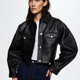 MANGO Women Black Solid PU Coated Tailored Jacket-image-94