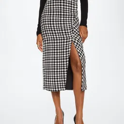 MANGO White & Black Houndstooth Pencil Midi Sustainable skirt-image-12