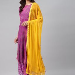Rangpur Women Purple & Yellow Leheriya Print Maxi Anarkali Dress & Dupatta-picture-5