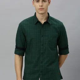 Roadster Men Green & Navy Blue Regular Fit Checked Casual Sustainable Shirt-image-37