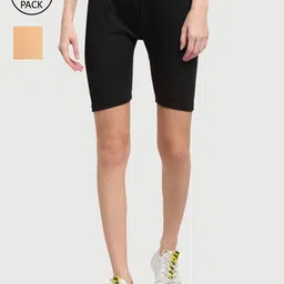 Miaz Lifestyle Women Pack of 2 Black & Beige Cotton Sports Shorts-picture-13