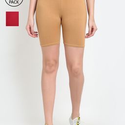 GRACIT Women Red & Beige Set Of 2 Biker Shorts-17