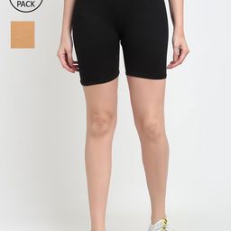 GRACIT Women Black & Beige Set Of 2 Biker Shorts-16