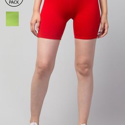 Apraa & Parma Women Pack Of 2 Red & Green Skinny Fit Cycling Pure Cotton Shorts-image-23