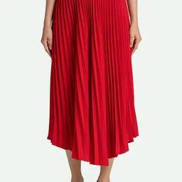 AASK Women Red Accordion Pleats Flared Maxi Skirts-picture-50