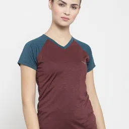 Boston Club Women Maroon Colourblocked V-Neck Dri-FIT Pockets T-shirt-image-61