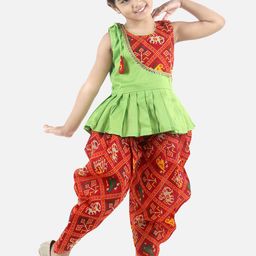 BownBee Girls Green & Red Embroidered Pleated Kurti with Dhoti Pants-image-45